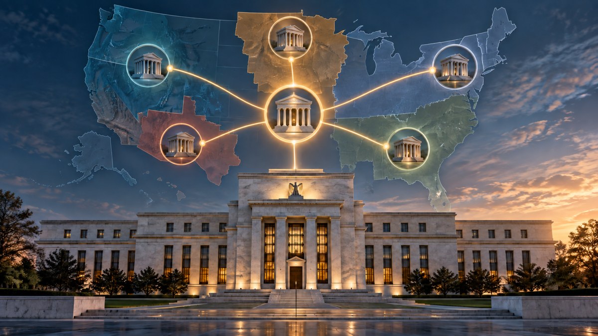 AI-generated illustration of five United States bank-supervision regions connected to a central Federal Reserve hub