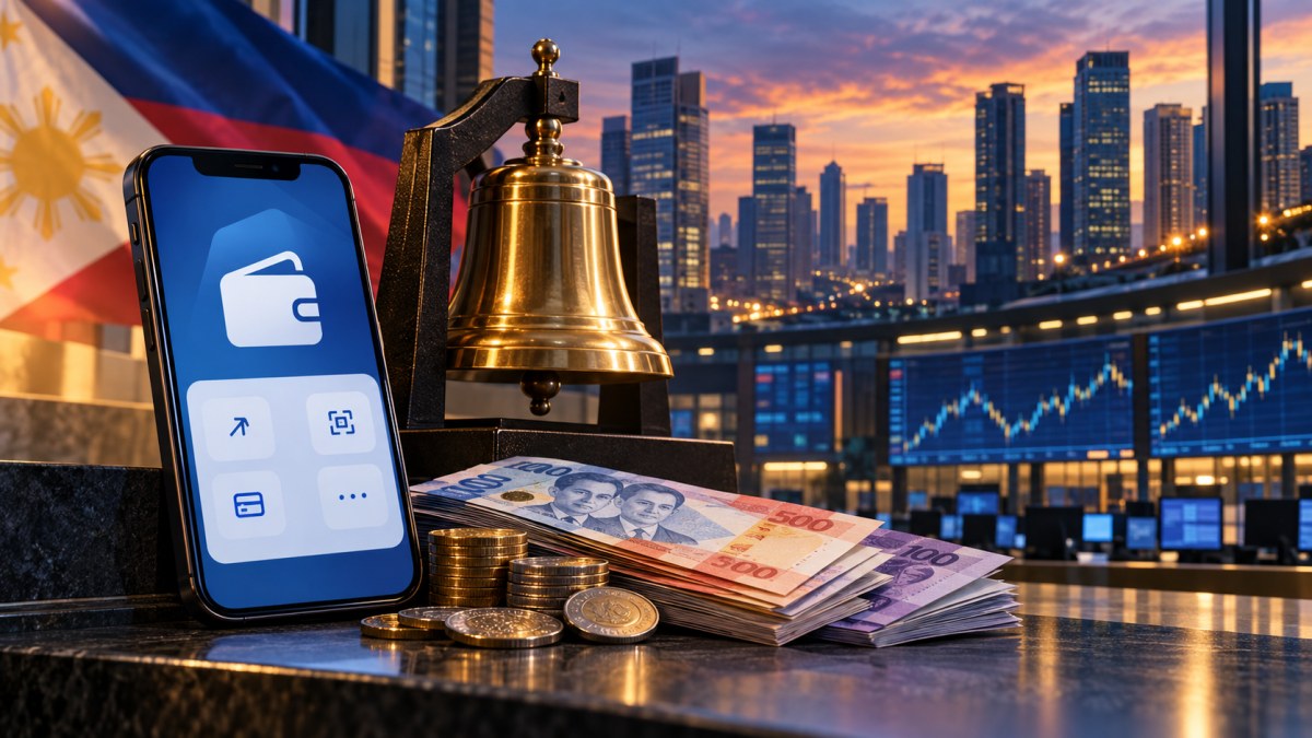 AI-generated editorial illustration of a mobile wallet, Philippine peso notes and a stock-exchange bell against Manila's skyline