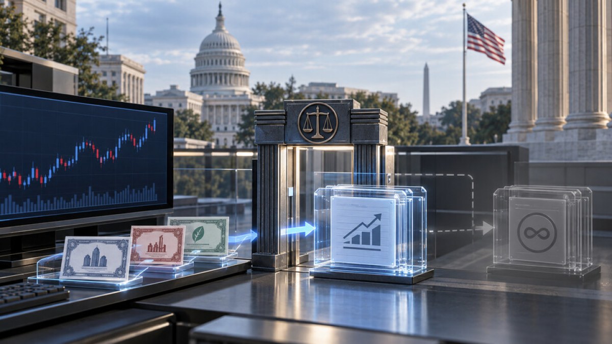 Conceptual editorial image of stock contracts passing through a regulated market gateway in Washington, with a separate unfinished route for perpetual futures.