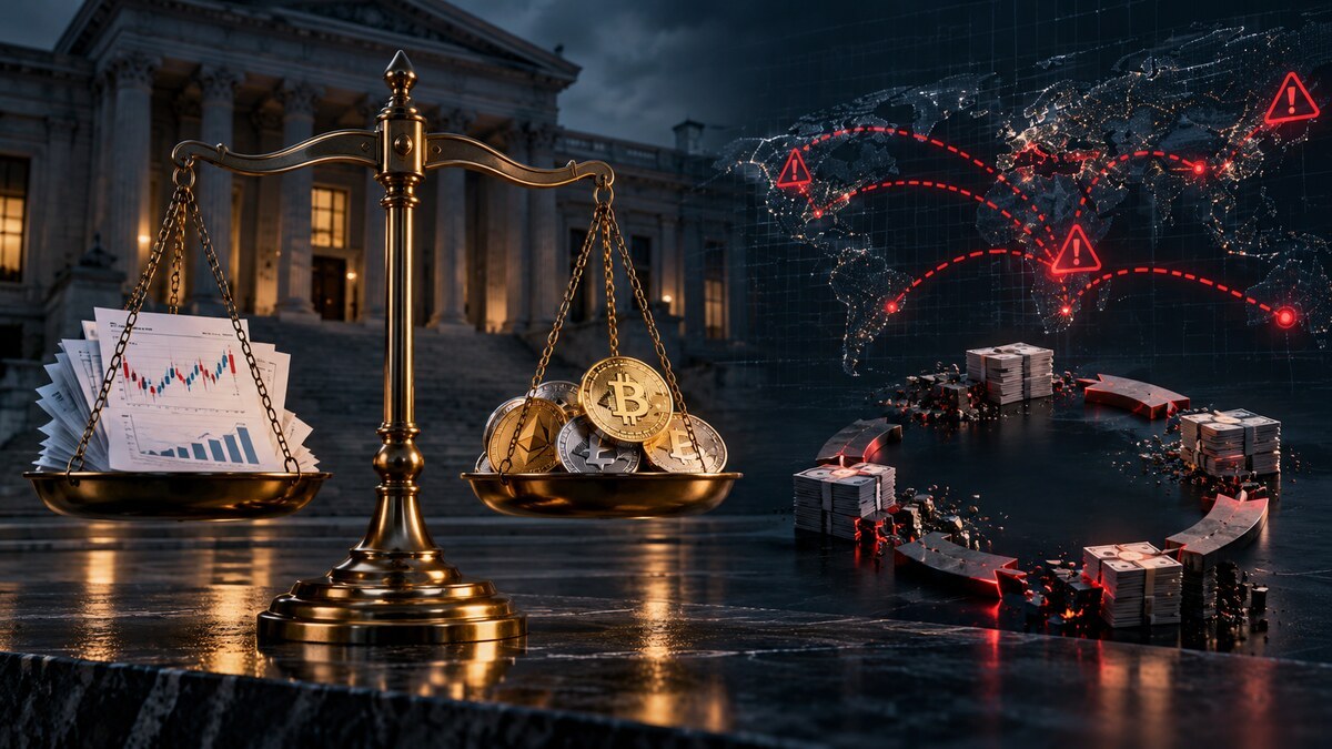 Conceptual illustration of financial records and cryptocurrency tokens on scales outside a courthouse, with warning markers across a global transaction map