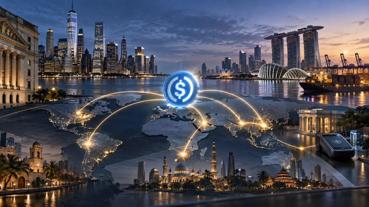 AI-generated illustration of a stablecoin payment network connecting the United States and Singapore