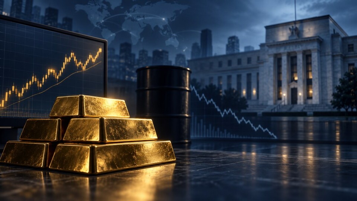 AI-generated editorial image of gold bars, a commodities chart, an oil barrel and a U.S. central-bank building.