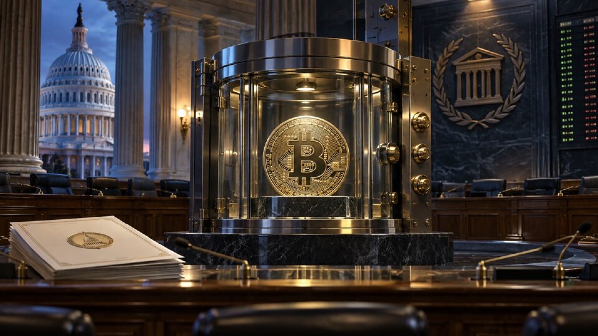 Conceptual editorial image of a Bitcoin coin secured in a transparent vault inside a U.S. congressional committee chamber.