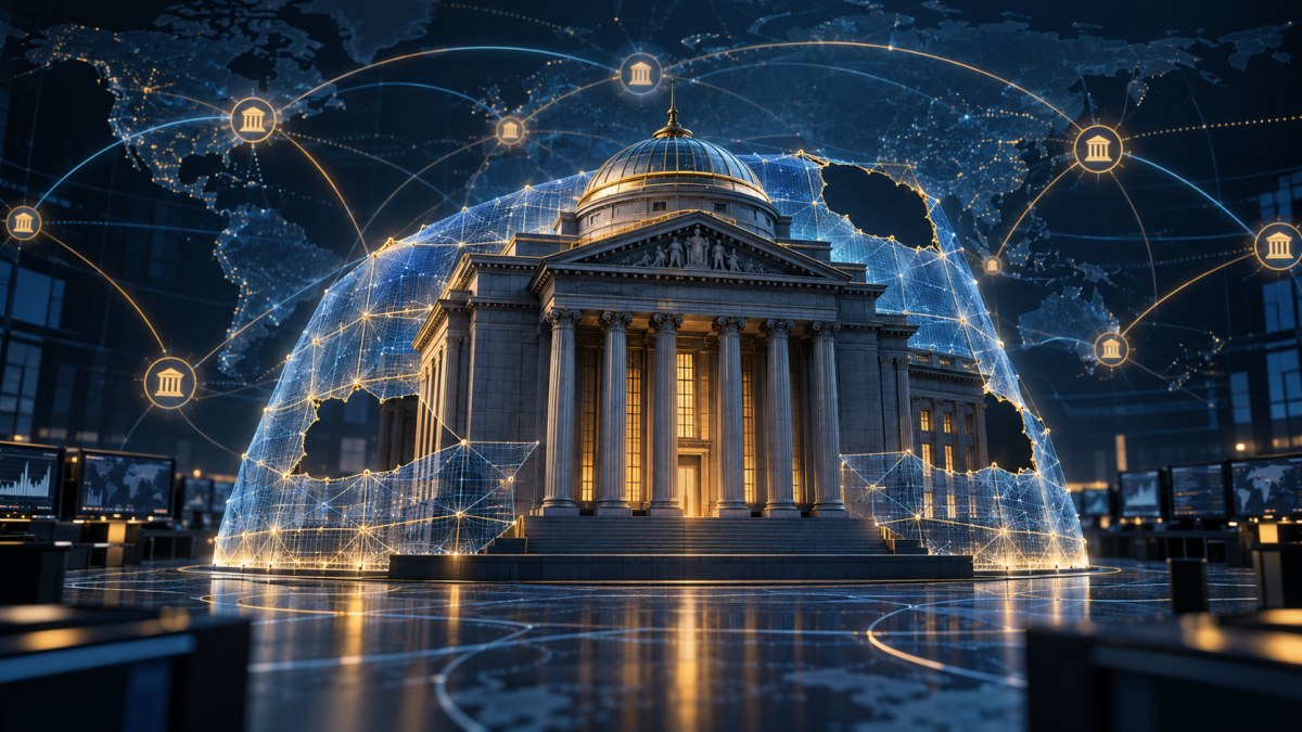 AI-generated editorial illustration of a global bank protected by an incomplete emergency liquidity network.