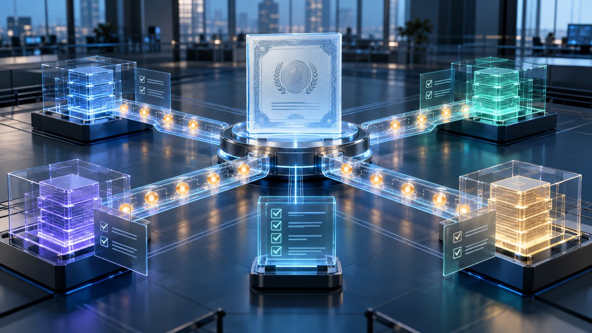 AI-generated conceptual image of a tokenized-equity dividend flowing through four audited blockchain ledgers