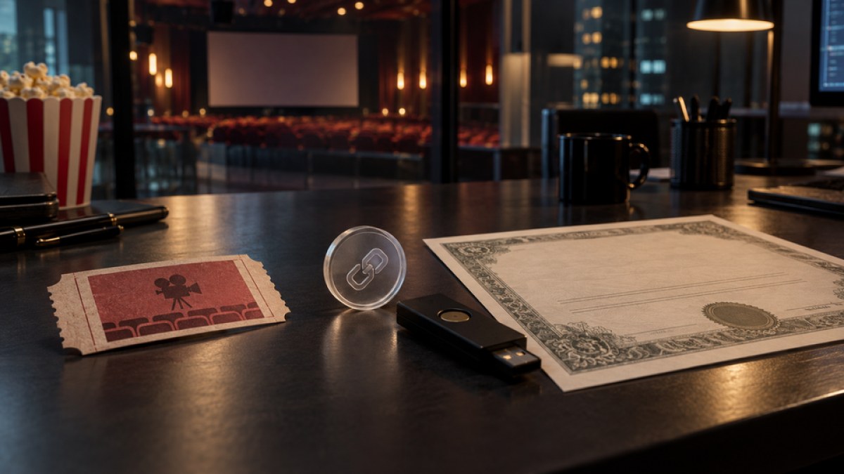 A cinema ticket, abstract blockchain token and separate stock certificate on a financial desk