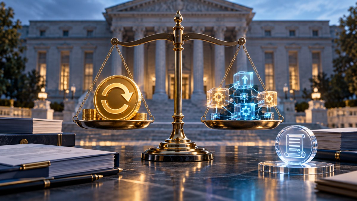 AI-generated editorial illustration of a balanced regulatory scale weighing a token buyback symbol against an upgradeable blockchain network outside a U.S. government building.