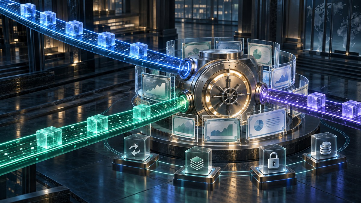 Three digital asset rails converge on a secure vault surrounded by abstract market instruments