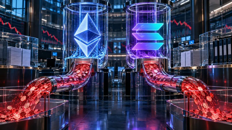 Conceptual image of Ether and Solana fund channels carrying capital outward in an institutional trading hall