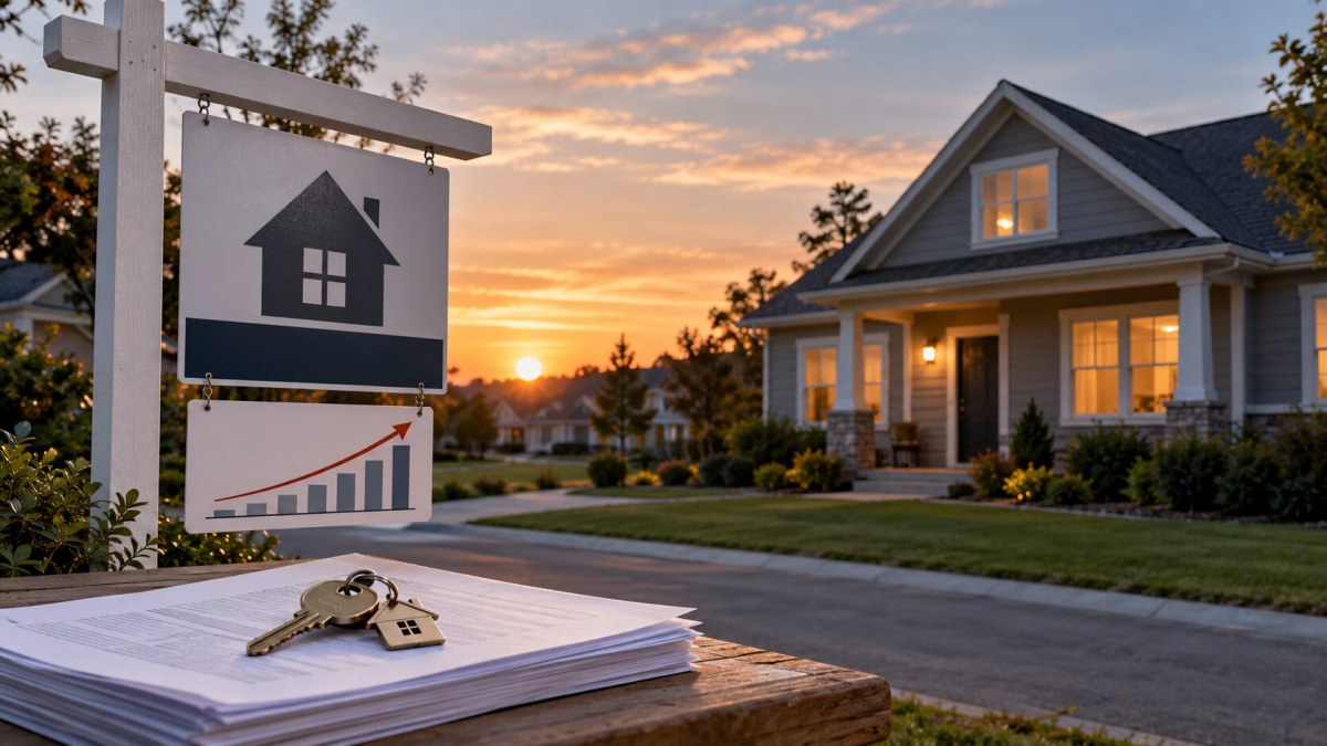 AI-generated editorial image of a suburban home, mortgage papers and a rising interest-rate chart at sunset.