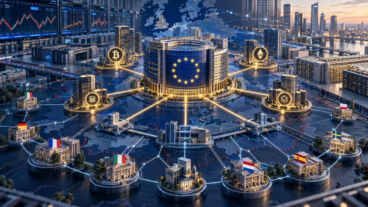 AI-generated conceptual illustration of a central EU market supervisor connected to major crypto and securities venues while national regulators retain separate pathways.