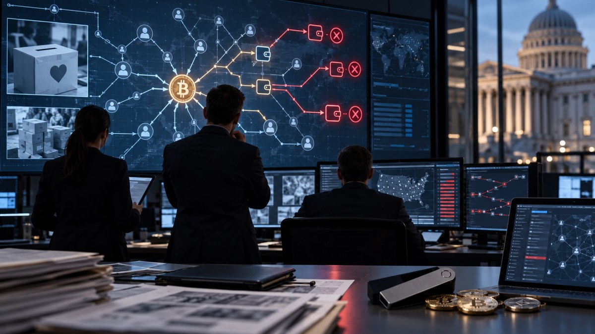 AI-generated conceptual image of financial investigators tracing cryptocurrency transfers from donation channels to blocked wallets
