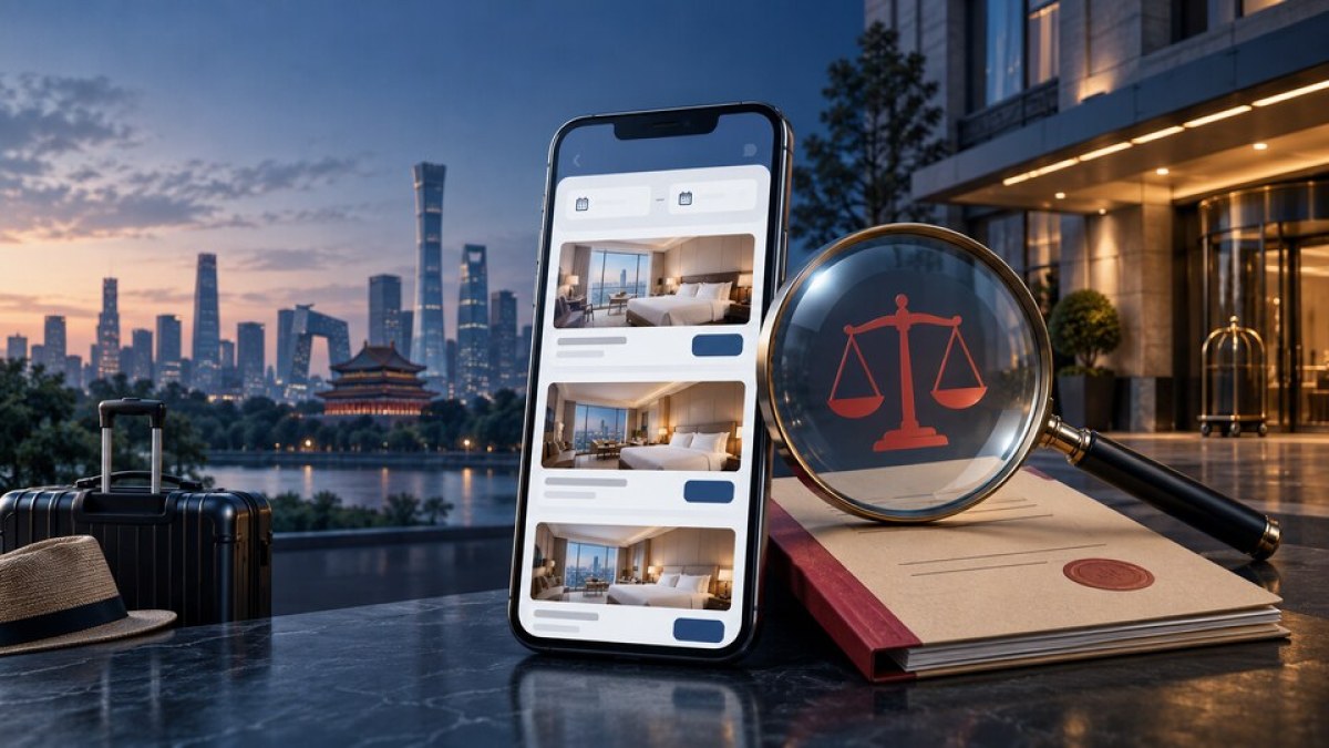 AI-generated editorial image of a generic hotel-booking app beside a regulatory magnifying glass and case file against a Beijing skyline.