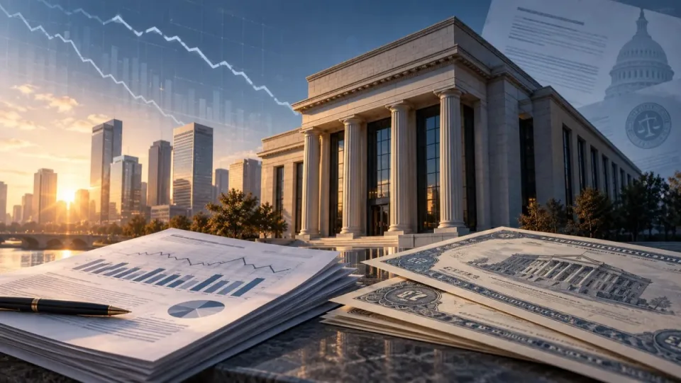 AI-generated editorial illustration of a generic U.S. bank, financial statements and Treasury bonds under a downward market chart; not a photograph of Bank of America.