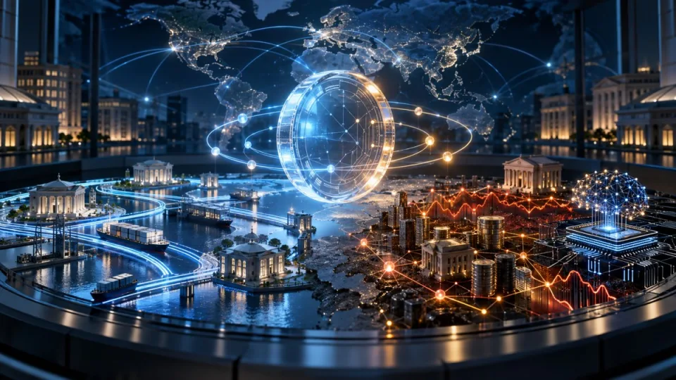 Conceptual editorial illustration of global stablecoin payment rails connected to bond markets, private credit and an artificial-intelligence network