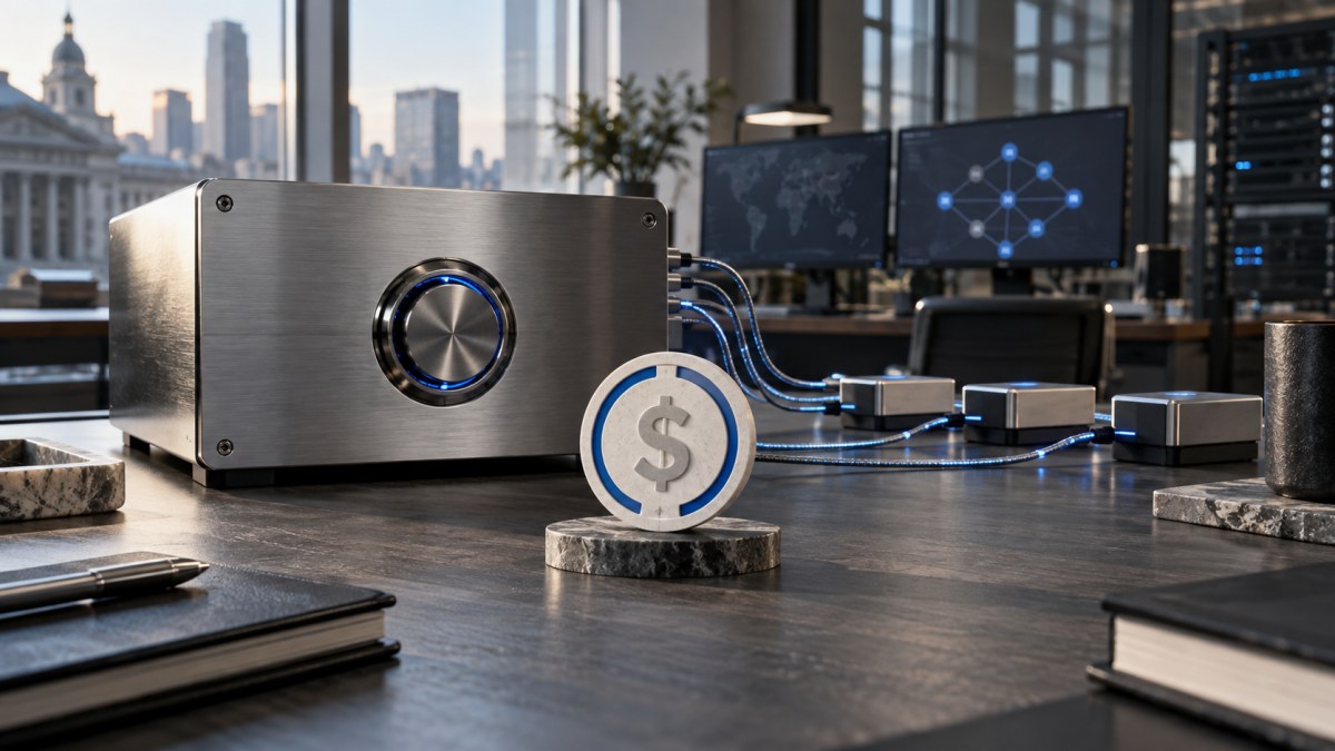 A conceptual institutional custody device connected to a dollar-linked digital token network