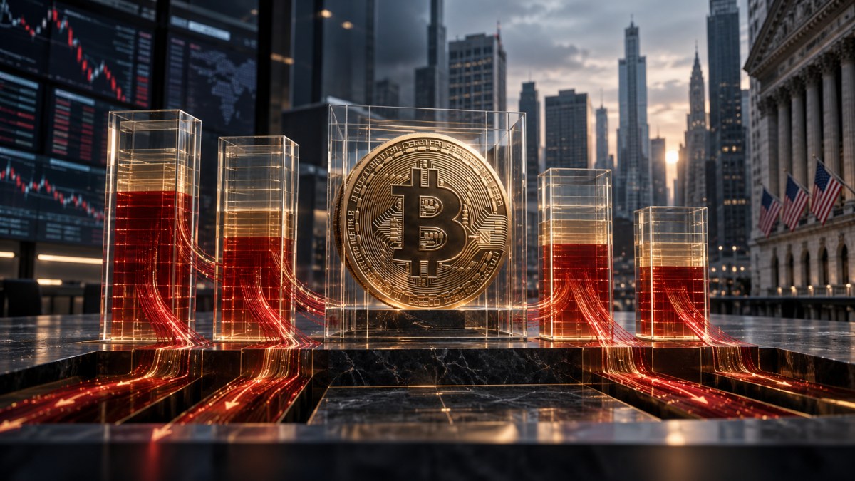 AI-generated editorial image of a Bitcoin medallion and transparent ETF ledgers with red capital streams flowing outward near Wall Street.
