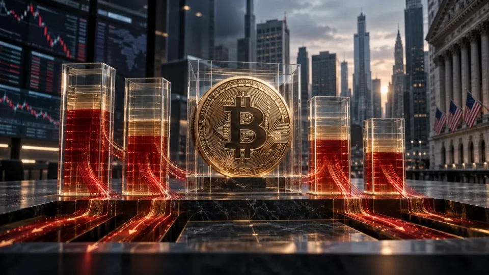 AI-generated editorial image of a Bitcoin medallion and transparent ETF ledgers with red capital streams flowing outward near Wall Street.