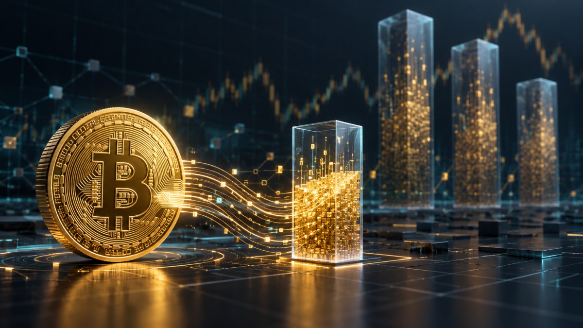 AI-generated conceptual illustration of Bitcoin transaction flows entering a current profit ledger below taller historical peak columns.