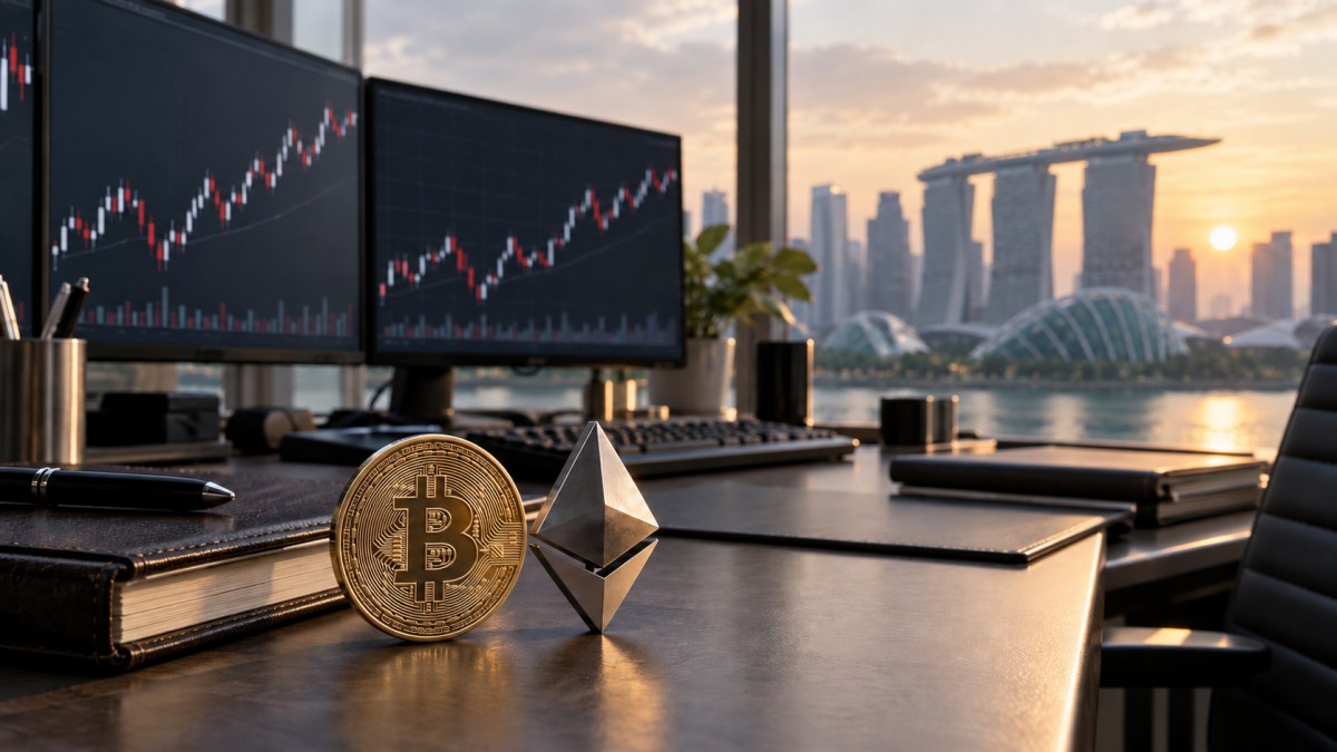 Bitcoin and Ethereum symbols on an institutional trading desk overlooking Singapore at sunrise