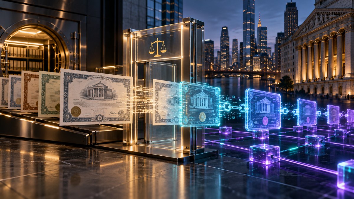 AI-generated editorial illustration of stock certificates passing through a compliance gateway into share-backed blockchain tokens.