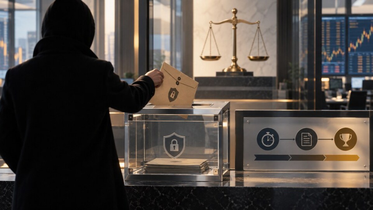 AI-generated illustration of an anonymous market whistleblower submitting evidence through a secure review portal