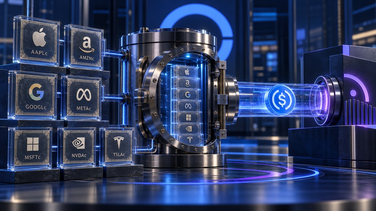 Conceptual illustration of seven tokenized technology-stock certificates entering a secured vault connected to a USDC lending channel on Base