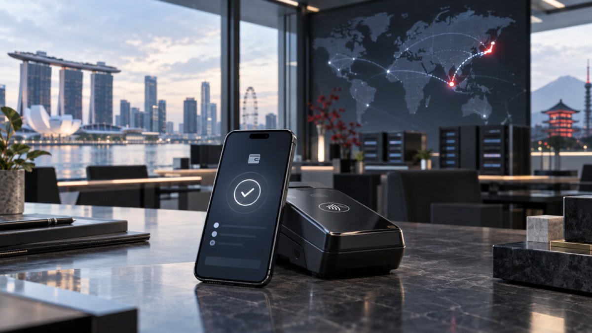 AI-generated editorial image of a payment terminal and mobile wallet linking Singapore and Japan through regulated digital settlement rails.