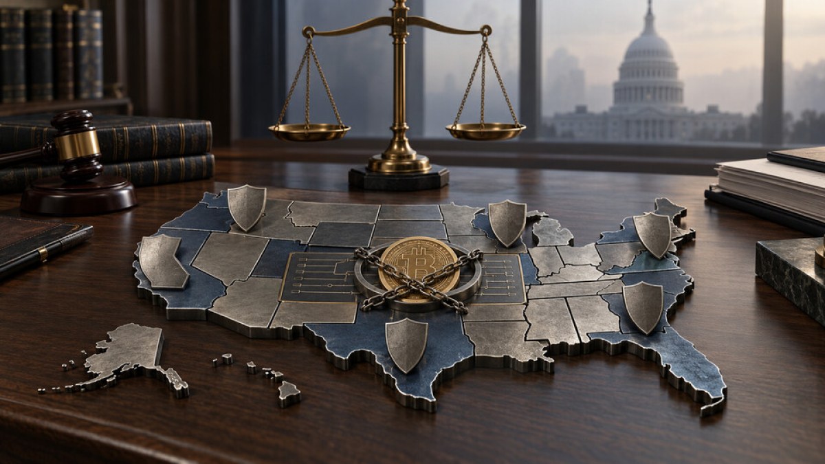 AI-generated conceptual image of state shields surrounding a secured Bitcoin token with the U.S. Capitol in the background