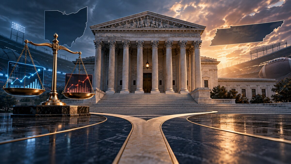 AI-generated editorial illustration of a federal courthouse, balanced legal scales, sports markets and paths dividing federal and state jurisdiction.