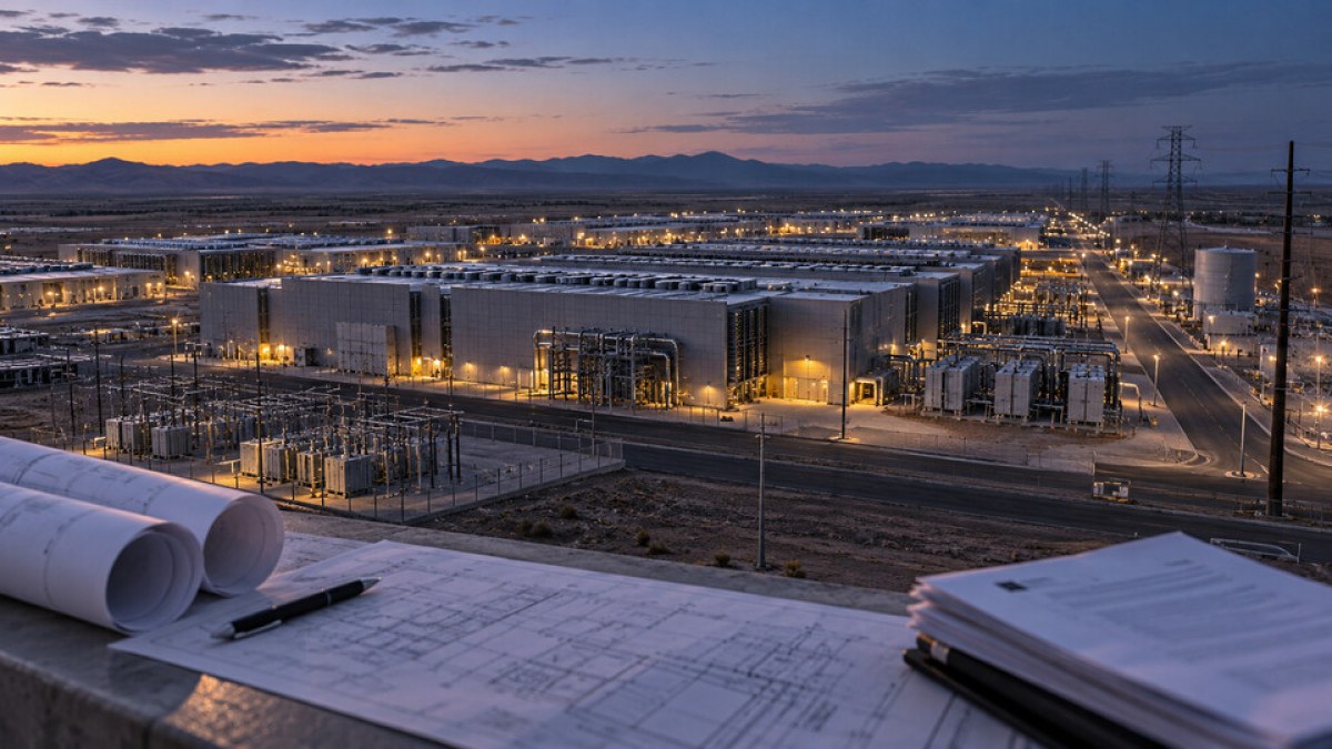AI-generated conceptual image of a large AI data-center campus at dusk with electrical infrastructure and construction plans.