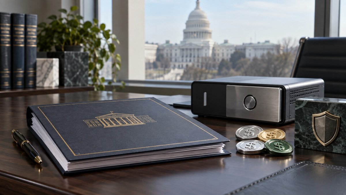 AI-generated editorial image of a regulatory approval folder, secure custody device and generic dollar-linked digital tokens in a Washington office.