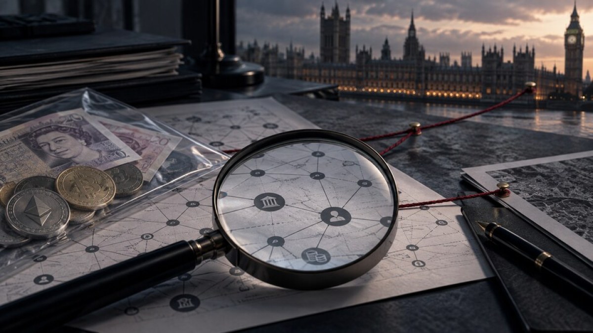 AI-generated editorial image of crypto and pound evidence under a magnifying glass near Westminster
