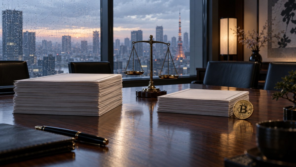 A smaller stack of share documents beside a Bitcoin coin in a Tokyo corporate boardroom