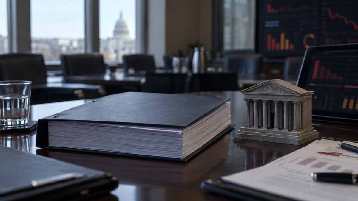 AI-generated conceptual image of a bank-supervision review file beside a model bank and risk dashboards in a boardroom.