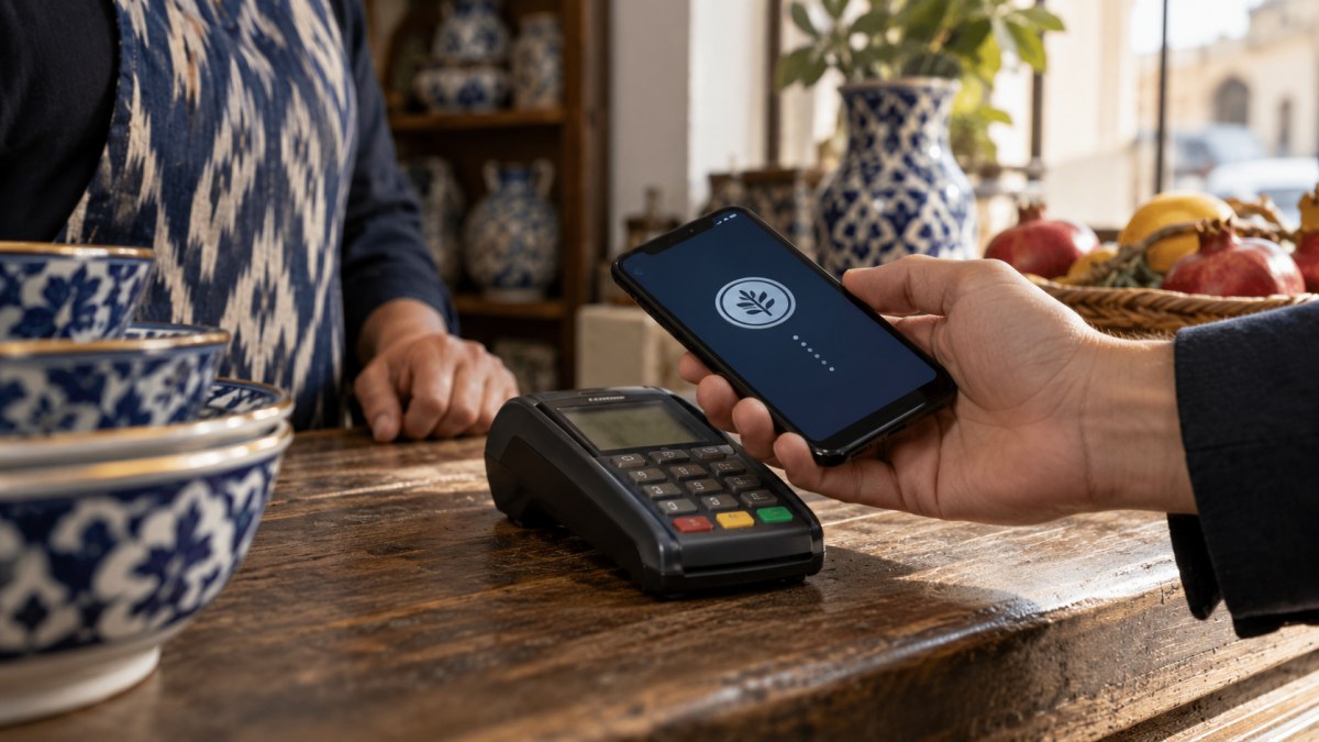 AI-generated conceptual illustration of a smartphone payment at an Uzbek shop; not a photograph of the HUMO pilot.