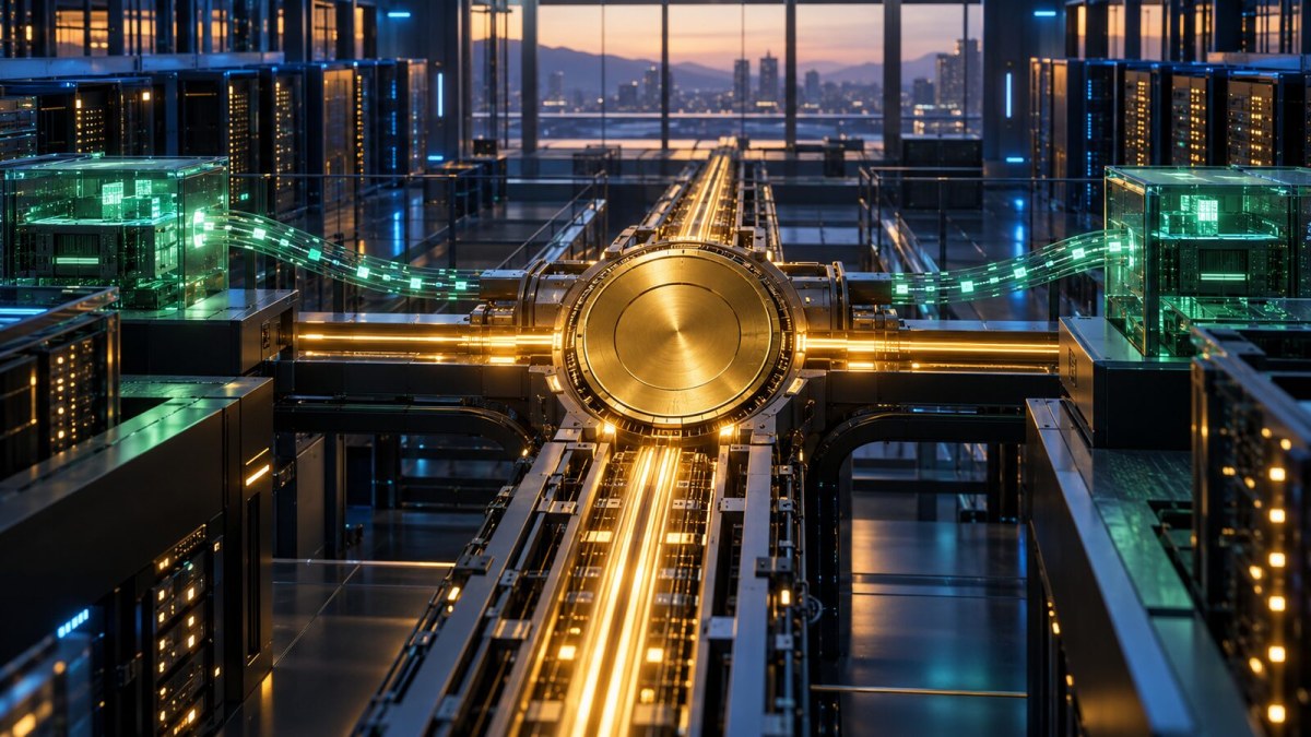AI-generated conceptual image of private stablecoin settlement rails converging on secure Bitcoin infrastructure in a modern data center