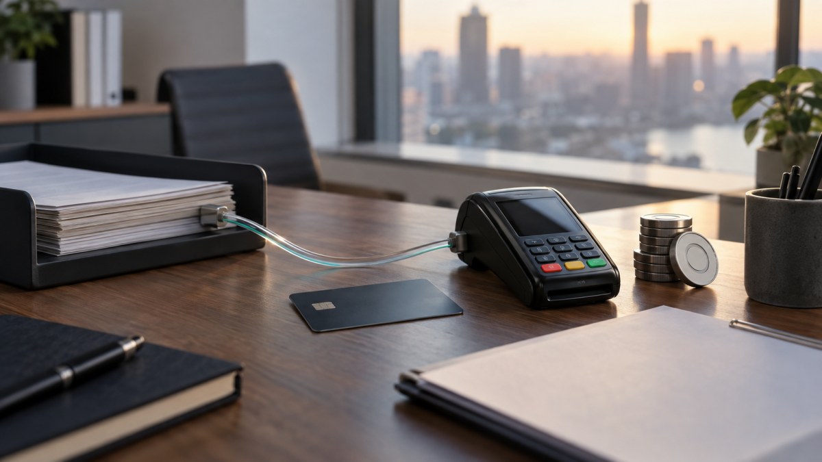 AI-generated conceptual photograph of a payment terminal, blank card, settlement papers and unbranded digital tokens; not an actual event photograph.
