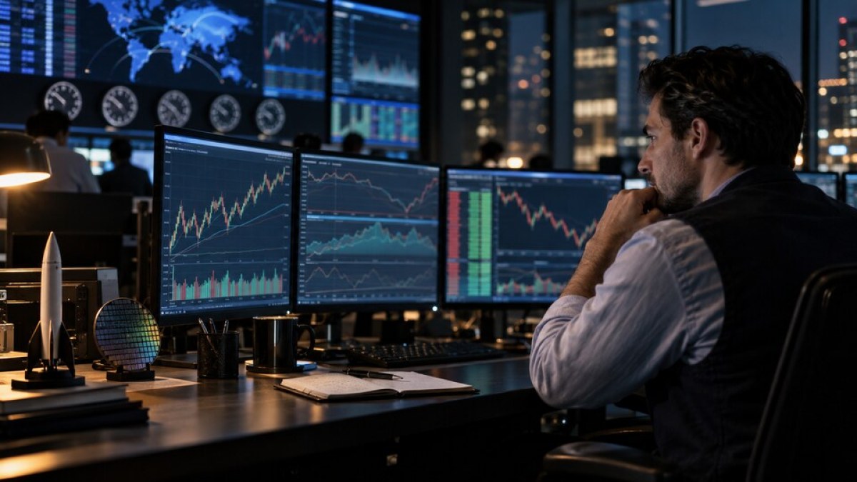 AI-generated conceptual image of a markets analyst monitoring around-the-clock derivatives screens beside aerospace and semiconductor symbols.