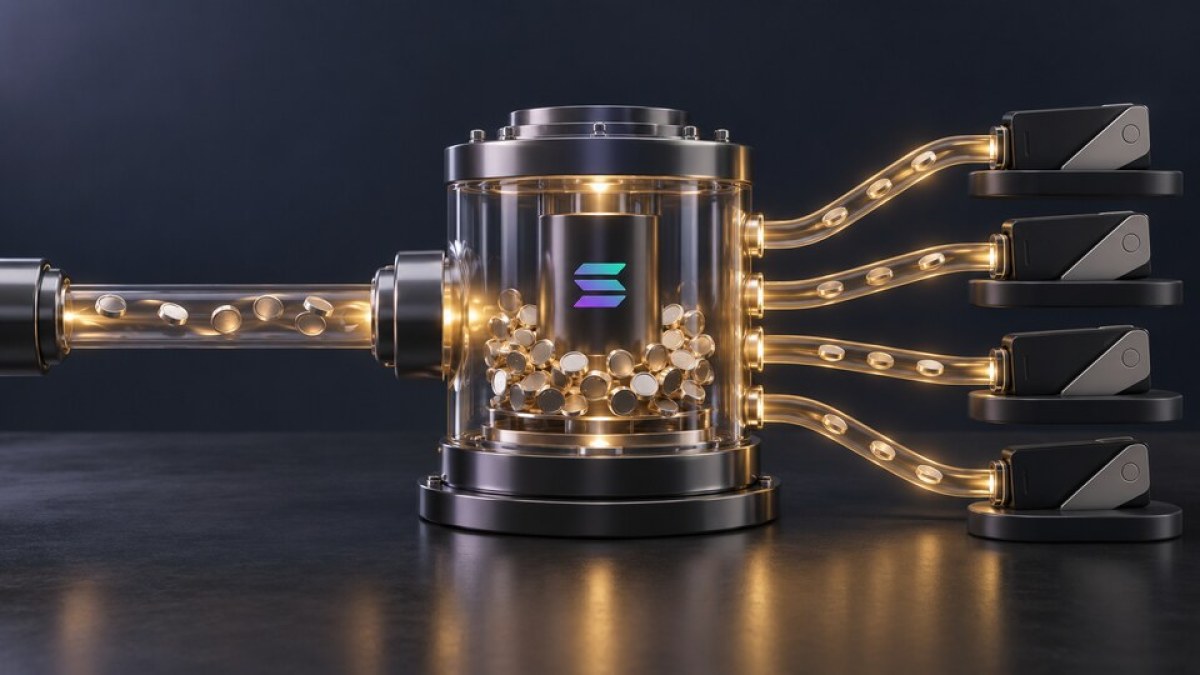 AI-generated illustration of Solana trading fees being distributed among hardware wallets