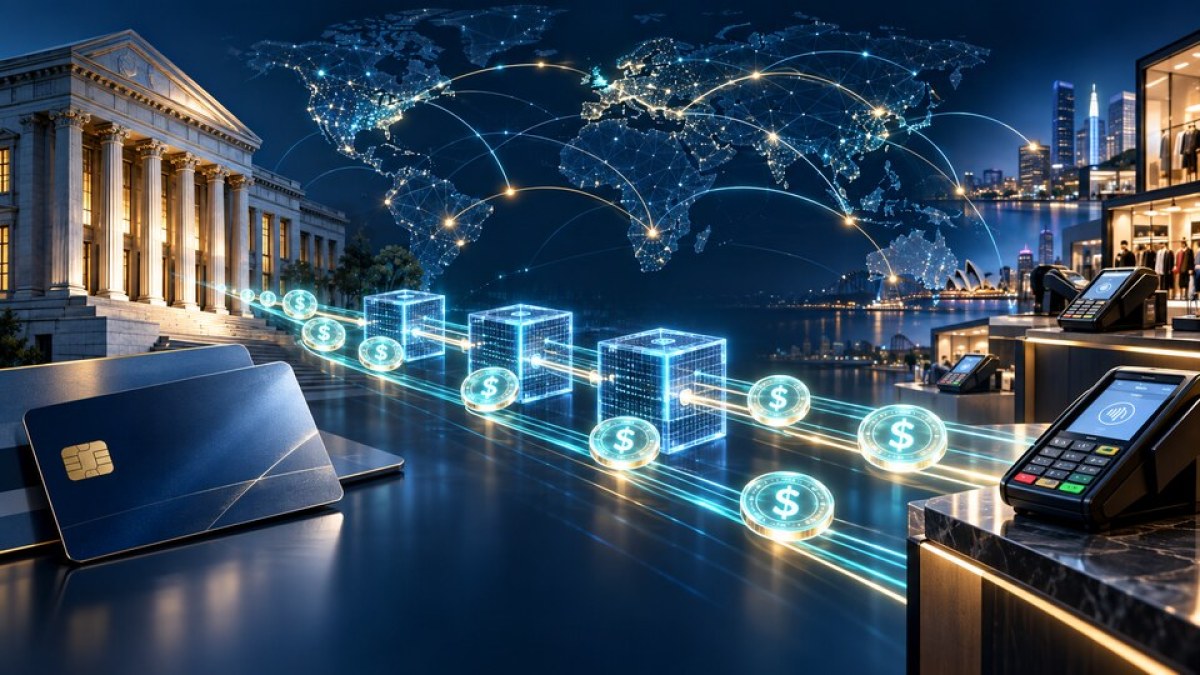 AI-generated editorial illustration of bank card transactions settling through a secured blockchain network to merchant terminals.