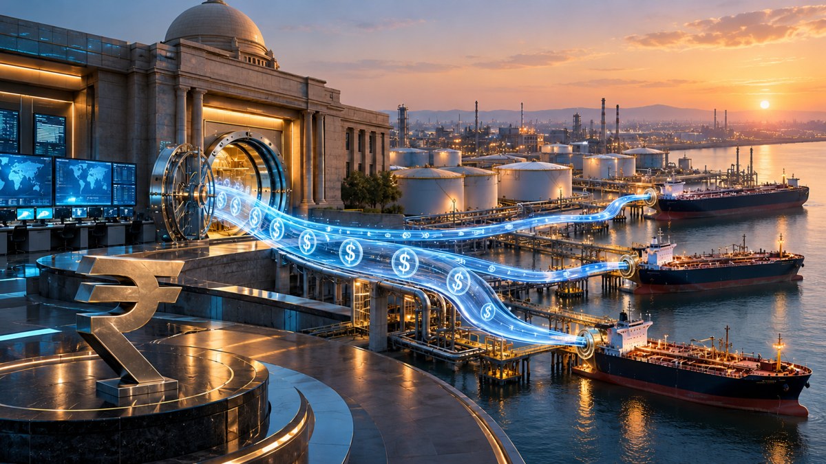 AI-generated conceptual illustration of dollar liquidity flowing through a central-bank gateway to three oil tankers beside an Indian rupee symbol.
