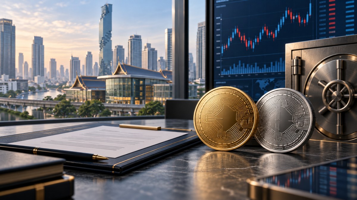 Editorial illustration of regulated crypto ETFs in Thailand, with generic digital-asset coins, a rules document, market screens and a custody vault overlooking Bangkok.