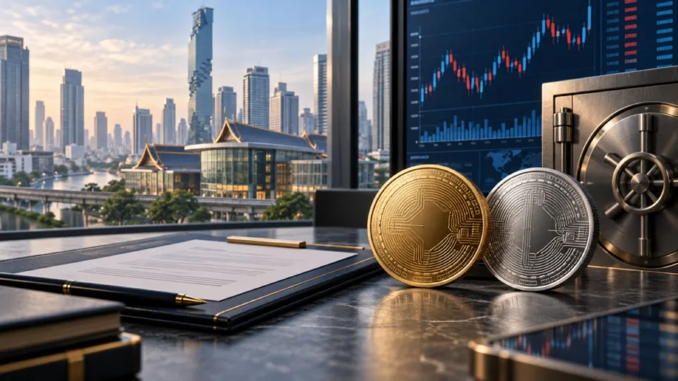 Editorial illustration of regulated crypto ETFs in Thailand, with generic digital-asset coins, a rules document, market screens and a custody vault overlooking Bangkok.