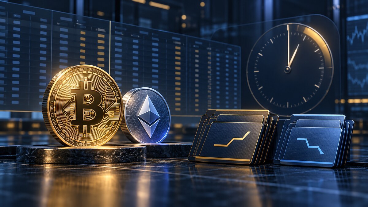 Conceptual editorial image of Bitcoin and Ether options contracts approaching a settlement clock