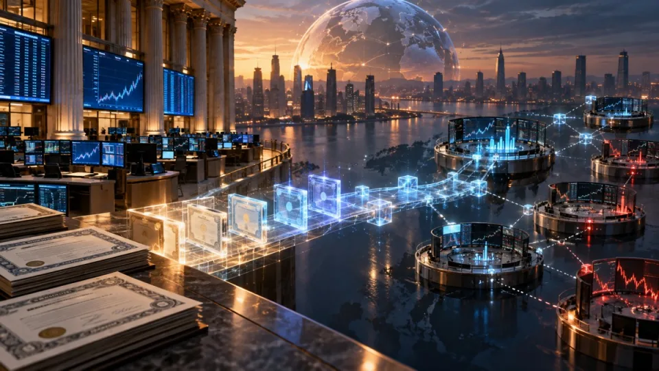 AI-generated conceptual image of digital stock certificates trading around the clock across a fragmented blockchain market