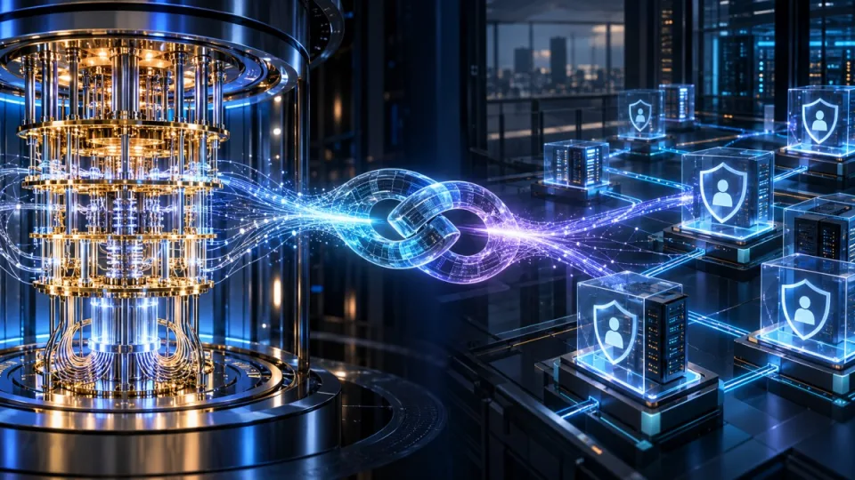 Editorial illustration of a quantum computer linking with a segmented Zero Trust enterprise network.