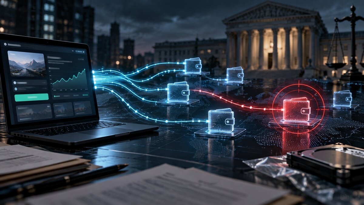 Digital wallet transaction paths under forensic review with a courthouse in the background