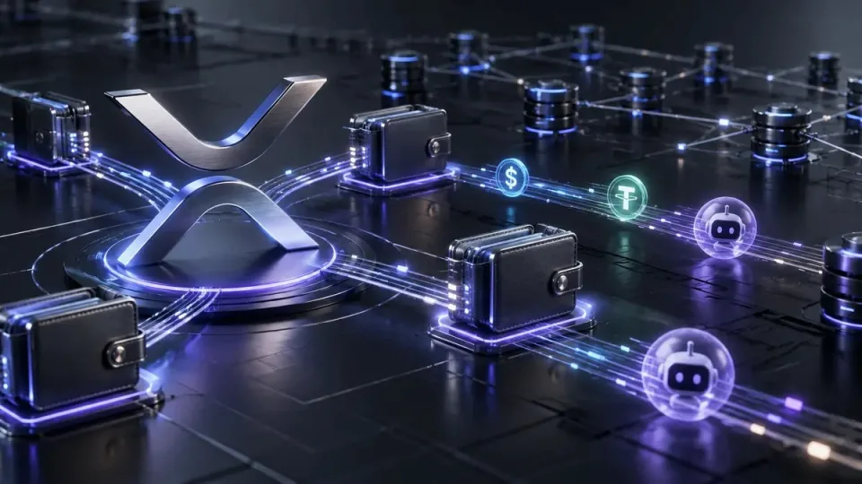 Conceptual illustration of XRP Ledger rails connecting embedded digital wallets, stablecoin payments and autonomous software transactions.
