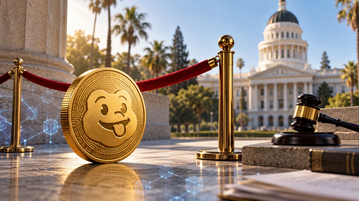 Conceptual gold memecoin stopped by a red barrier outside the California State Capitol